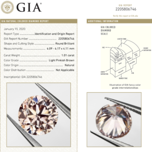 GIA Certified 1.01 Ct. Light Pink Brown Loose Natural Diamond Round Solitaire