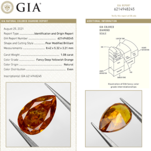 GIA Certified 1.08 Ct. Fancy Deep Yellowish Orange Loose Natural Diamond Pear